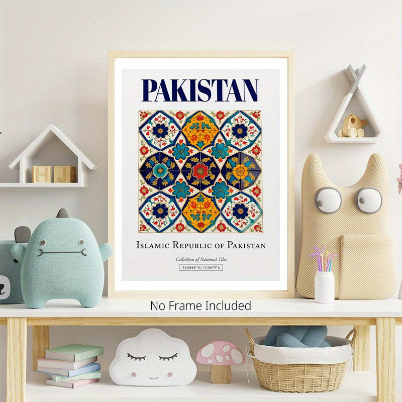Traditional Pakistani Islamic Republic Tile Wall Art - Vibrant Floral Mosaic Design, High-Quality Canvas Print, Modern Garden & British Style Indoor Decor for Bedroom, Living Room, Office - Spring Home Decoration, Islamic Hom