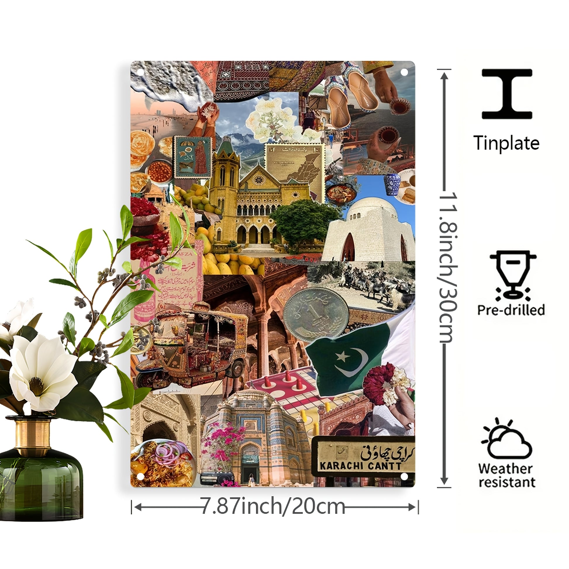 2D Flat, 1pc Karachi Mosaic Collage Metal Wall Art - Pakistani Cultural Decor with Mohanjodaro, Sindhi Architecture - Large 7.87x11.8 Inch (20x30cm) Weatherproof Tinplate Plaque for Living Room, Garden, Office - Pre-Drilled H