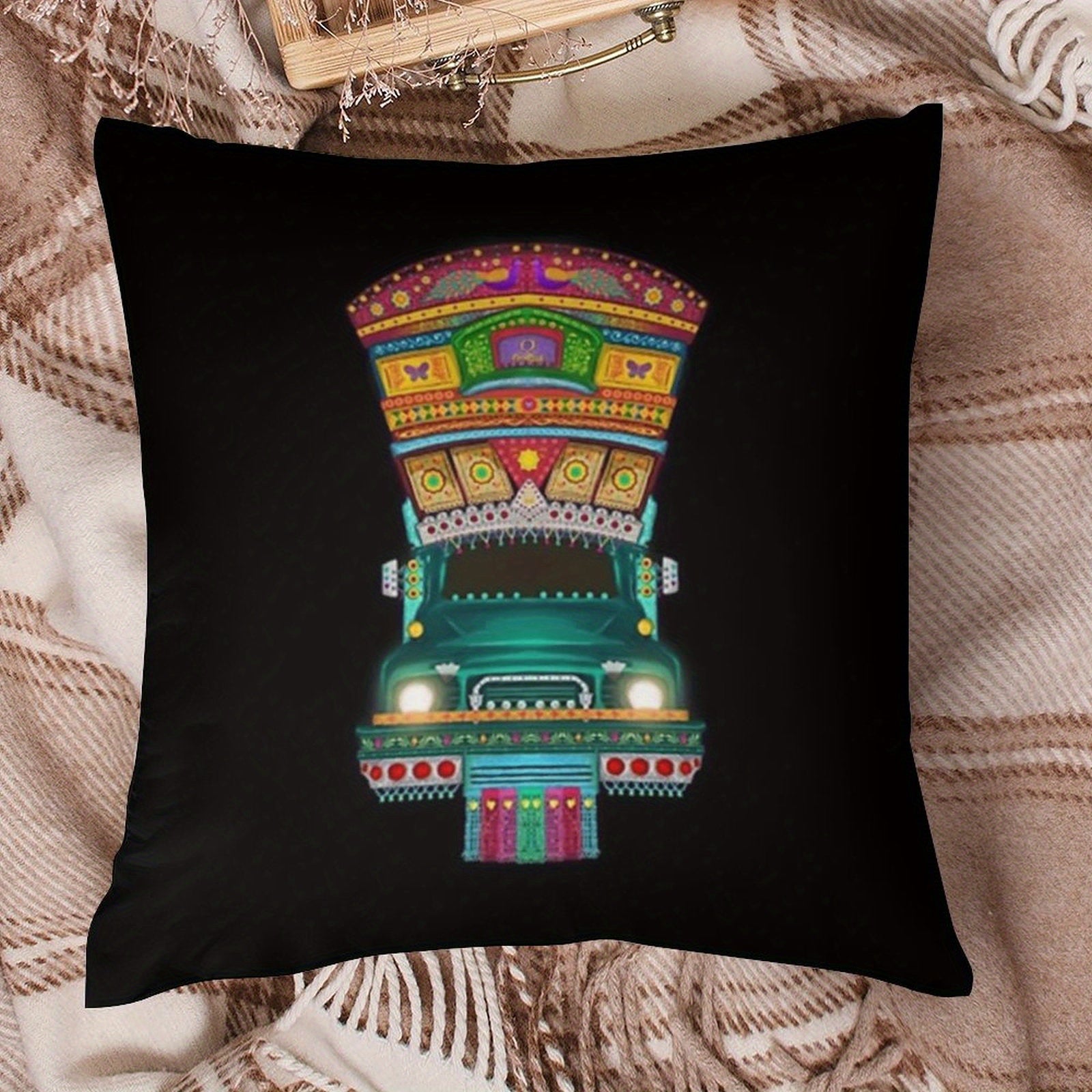 1pc Vibrant Pakistani Truck Art Sofa Pillowcase - Double-Sided Polyester, Colorful Traditional Design with Intricate Patterns, Perfect for Bedroom & Living Room Decor (Pillow Insert Not Included), Decorative Pillow Cover | Tr