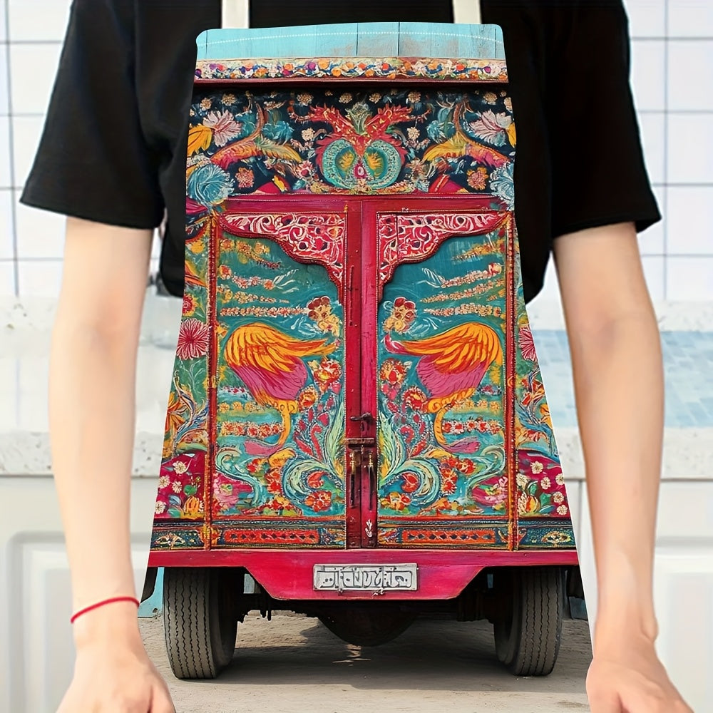 1pc stylish durable print apron, Pakistani Truck Art Inspired Design apron, gardening cooking chef apron, 54.99x68.0cm, for BBQ Kitchen Cooking Baking Crafting Restaurant YAWQ2583