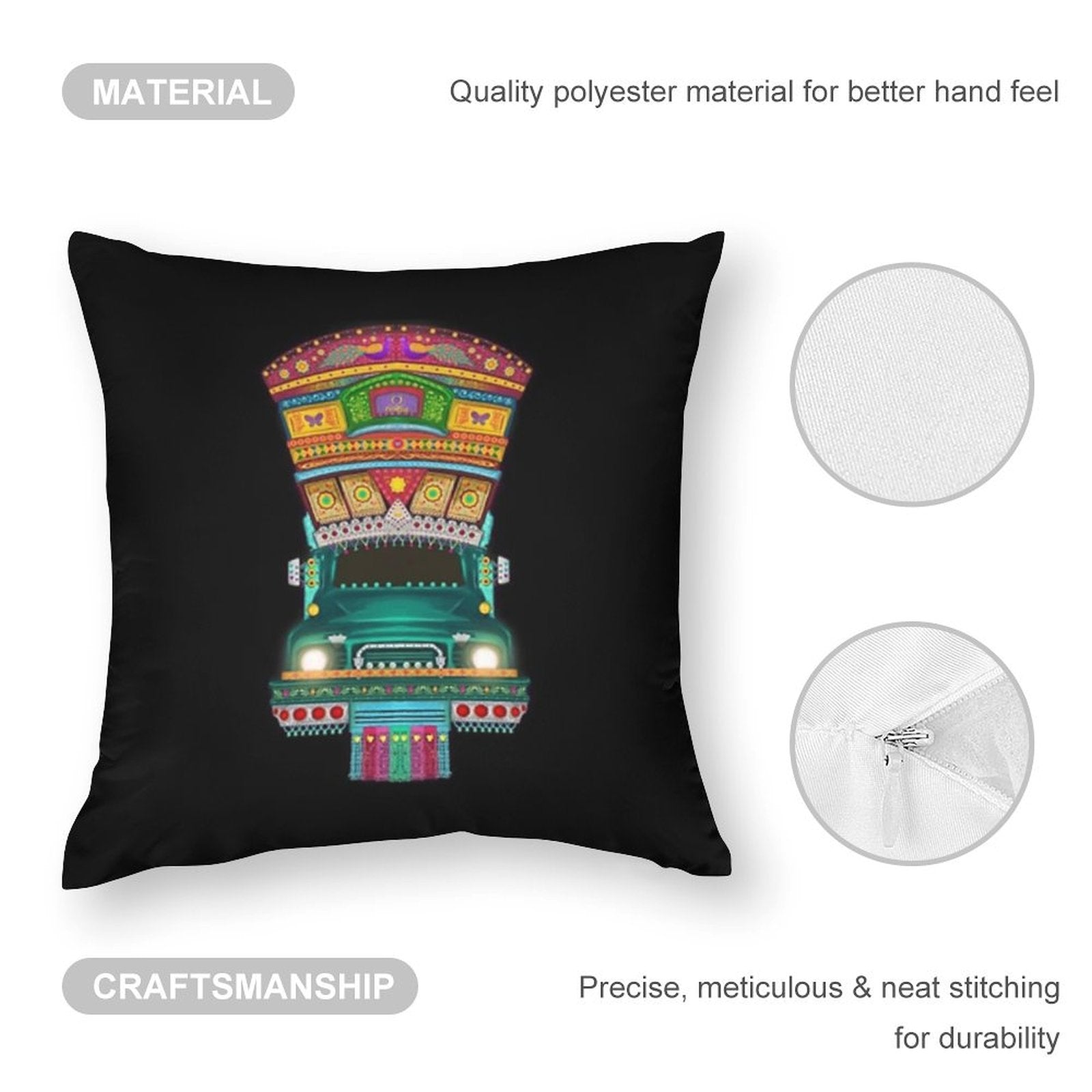 1pc Vibrant Pakistani Truck Art Sofa Pillowcase - Double-Sided Polyester, Colorful Traditional Design with Intricate Patterns, Perfect for Bedroom & Living Room Decor (Pillow Insert Not Included), Decorative Pillow Cover | Tr