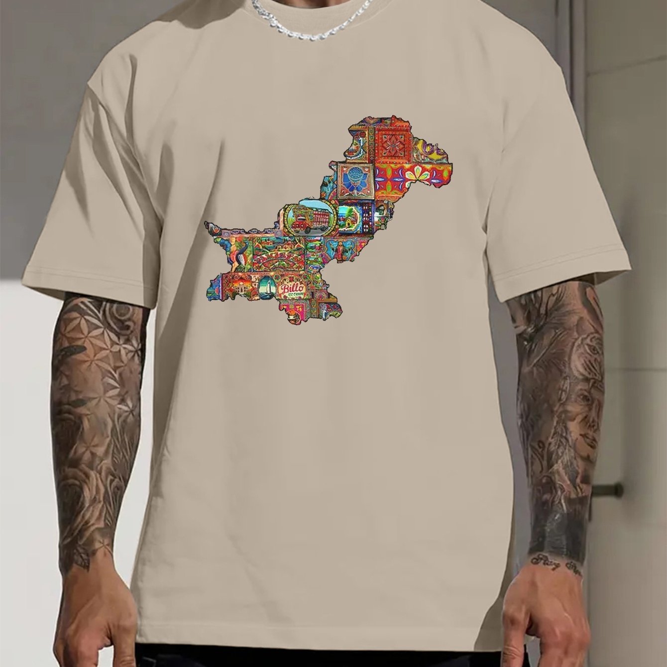 Men's Pakistan Map Print Short Sleeve T-Shirt - Vibrant Blue Casual Summer Tee with Cultural Artwork, Breathable Round Neck Top for Outdoor Activities & Daily Wear, Vibrant Graphic Shirt, Digital Print Shirt