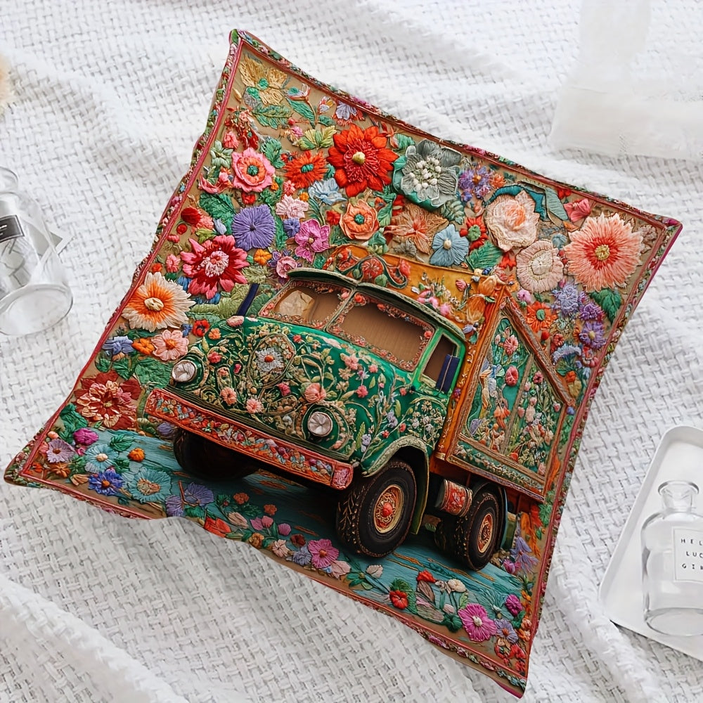 1pc Vibrant Pakistani Truck Art Floral Spring 3D Embroidery Pillow Cover, 45.72x45.72 cm - Double-Sided Print, Zipper Closure, Machine Washable Polyester, Ideal for Living Room Decor, Decorative Pillows
