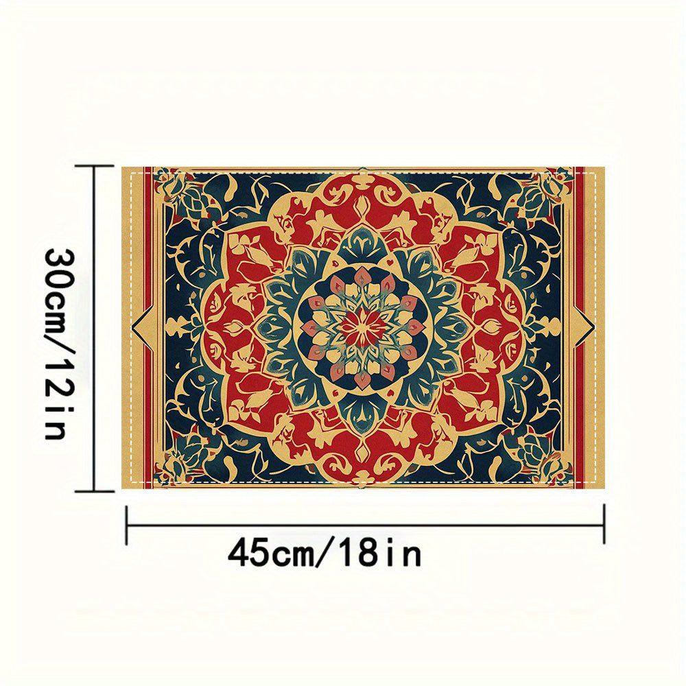 4pcs Traditional Pakistani Islamic Manuscript Design Linen Placemats, Rectangular Woven Table Mats, Decorative Medallion Pattern, Hand Wash Only, 30.48x45.72 cm - ZJPUI2AI0311