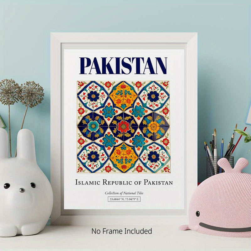 Traditional Pakistani Islamic Republic Tile Wall Art - Vibrant Floral Mosaic Design, High-Quality Canvas Print, Modern Garden & British Style Indoor Decor for Bedroom, Living Room, Office - Spring Home Decoration, Islamic Hom