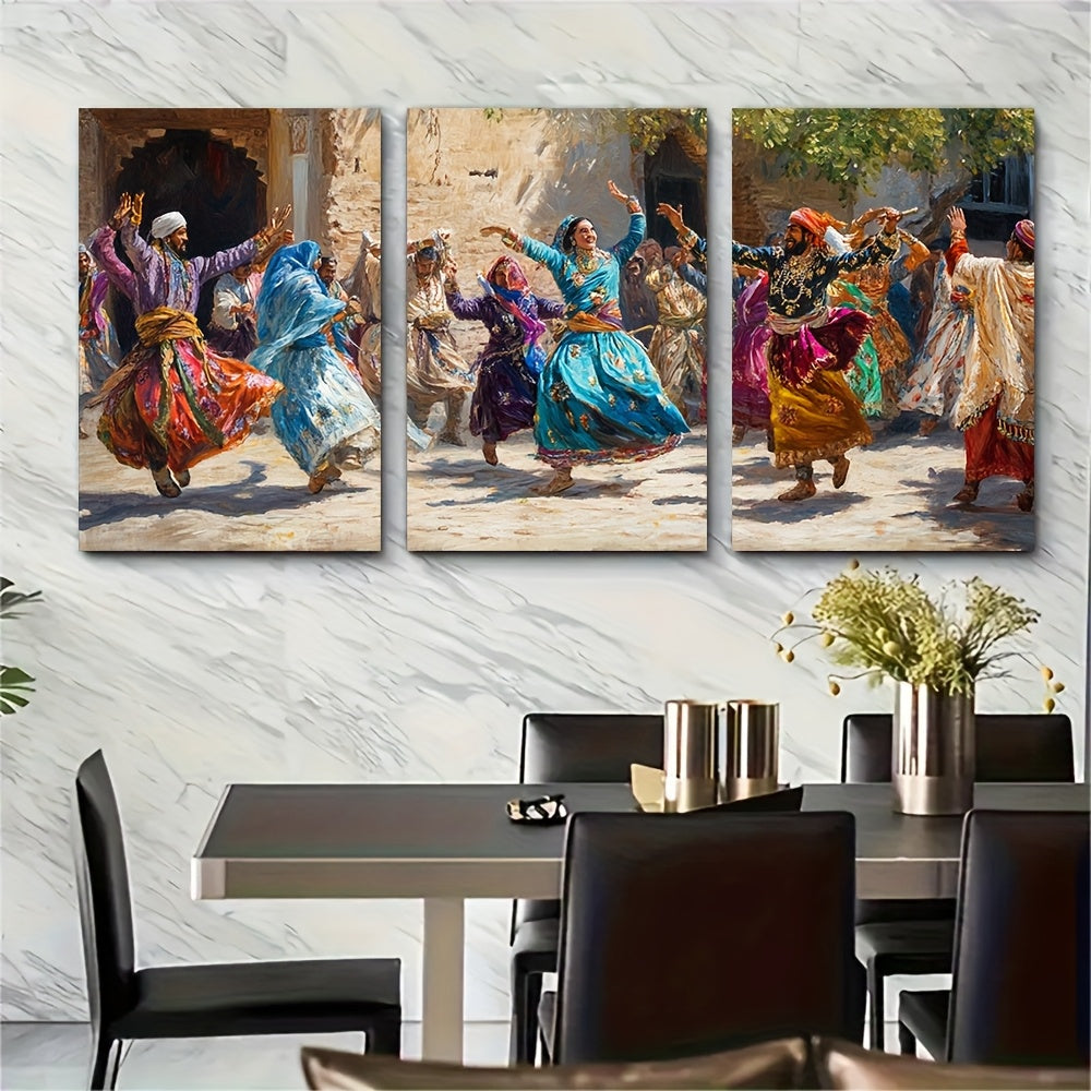 3pcs Framed Wall Art - Pakistani Attan Dance Scene, Traditional Pashtun Dress, Vibrant Tribal Heritage Print, Wooden Frame, 40.64x60.96cm, Ideal for Home & Office Decor, Office Wall Art | Cultural Wall Art | Wooden Frame Art,