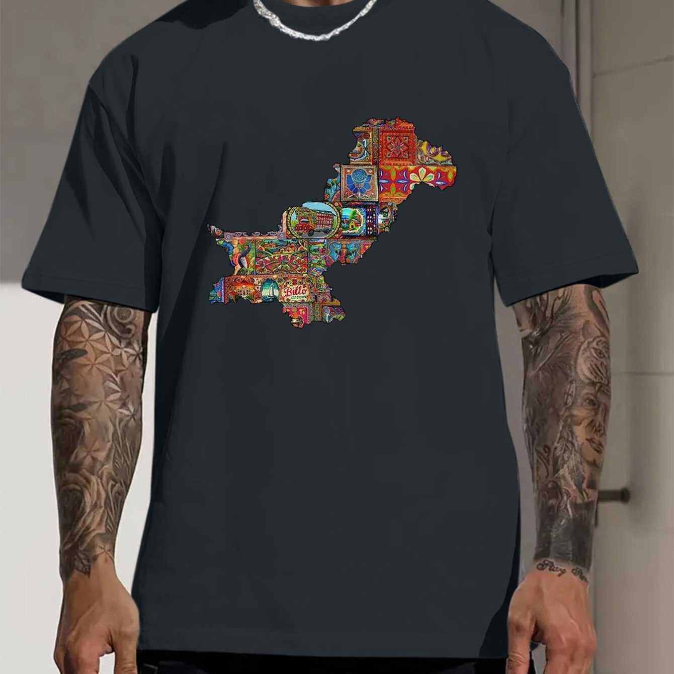 Men's Pakistan Map Print Short Sleeve T-Shirt - Vibrant Blue Casual Summer Tee with Cultural Artwork, Breathable Round Neck Top for Outdoor Activities & Daily Wear, Vibrant Graphic Shirt, Digital Print Shirt