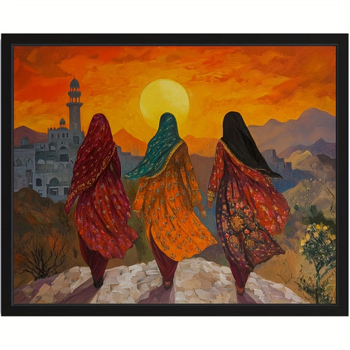 1pc Frameless Pakistan Poster Art Print - Middle Eastern Wall Art Painting with Vibrant Sunset Mountain Landscape, Traditional Women & Islamic Architecture, Cultural Home Decor for Bedroom, Living Room, Office, Islamic Home D
