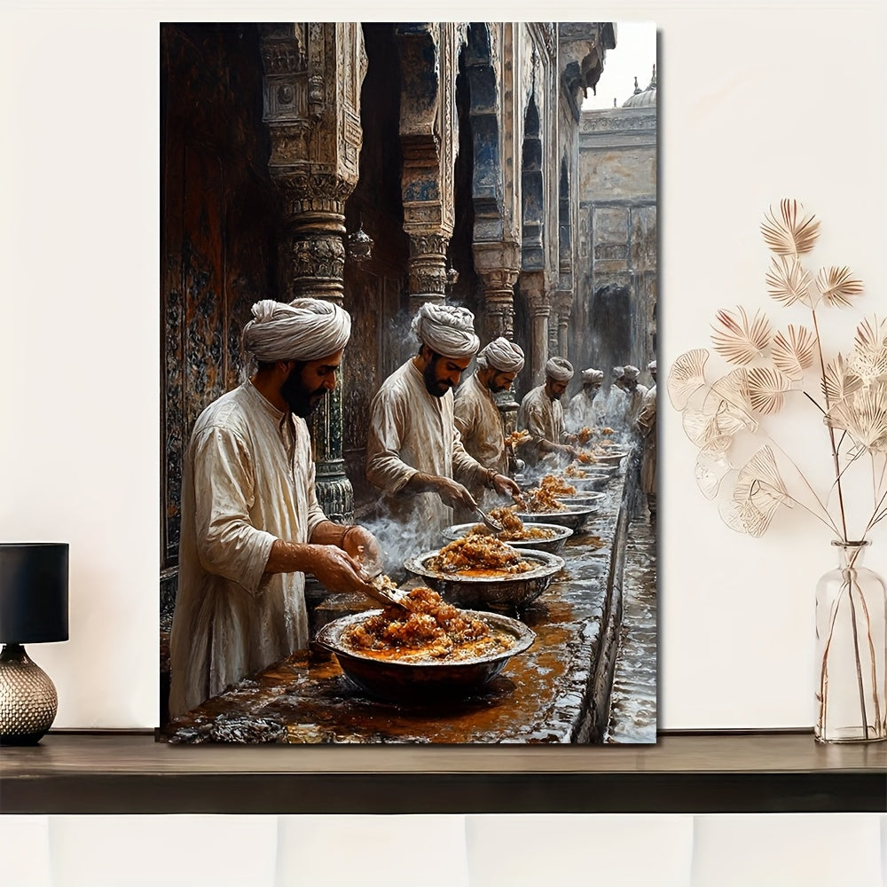 1pc Wall Art 30.48x40.64 cm - "Siri Paya Breakfast at Multan & Shah RukneAlam Cemetery Scene" Pakistani Culture Artwork, Traditional Food Preparation and Historical Architecture Canvas Print with Natural Wood Frame, Vivid Sou