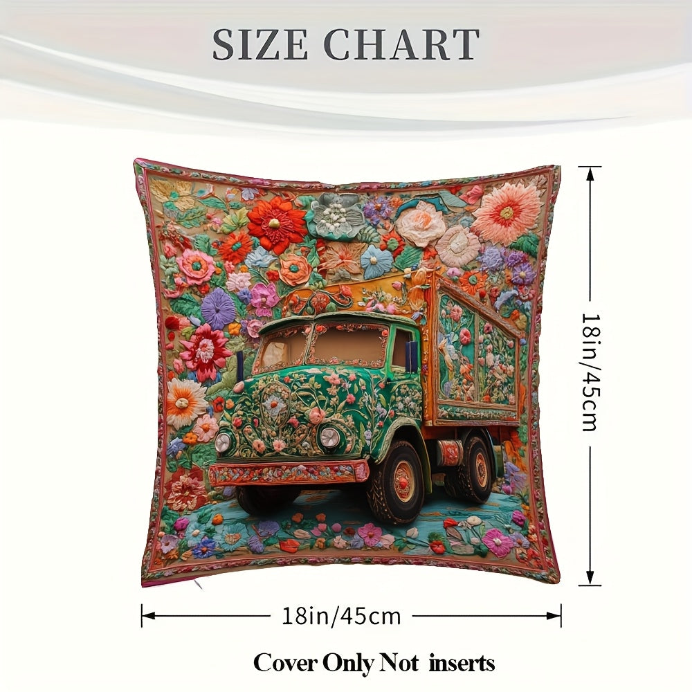 1pc Vibrant Pakistani Truck Art Floral Spring 3D Embroidery Pillow Cover, 45.72x45.72 cm - Double-Sided Print, Zipper Closure, Machine Washable Polyester, Ideal for Living Room Decor, Decorative Pillows