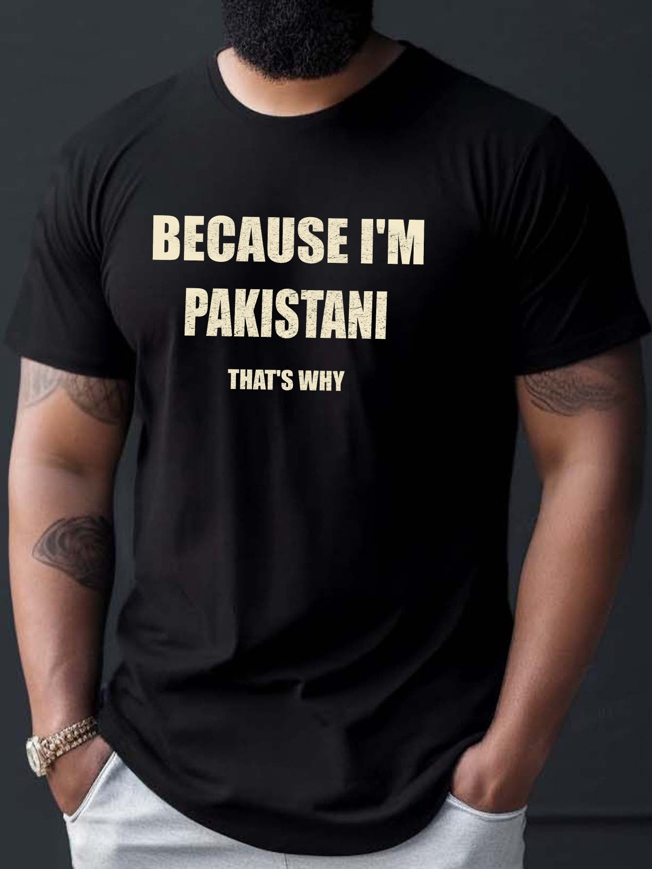 Men'S Casual Short Sleeve T-Shirt - "Because I'm Pakistani That'S Why" Print, Black with Yellow Text, Lightweight Summer Tee for Casual Attire, Comfortable Fit