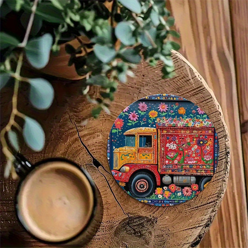 6pcs Round Wooden Coasters - Vibrant Pakistan Truck Art Floral Design, 4-Inch 2D Flat Coffee & Hot Drink Mats, Hand Washable, Durable Composite Wood for All Seasons, Perfect for Thanksgivin