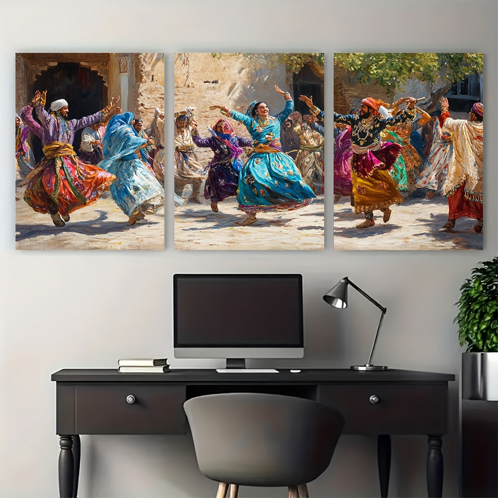 3pcs Framed Wall Art - Pakistani Attan Dance Scene, Traditional Pashtun Dress, Vibrant Tribal Heritage Print, Wooden Frame, 40.64x60.96cm, Ideal for Home & Office Decor, Office Wall Art | Cultural Wall Art | Wooden Frame Art,