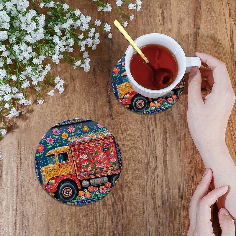 6pcs Round Wooden Coasters - Vibrant Pakistan Truck Art Floral Design, 4-Inch 2D Flat Coffee & Hot Drink Mats, Hand Washable, Durable Composite Wood for All Seasons, Perfect for Thanksgivin
