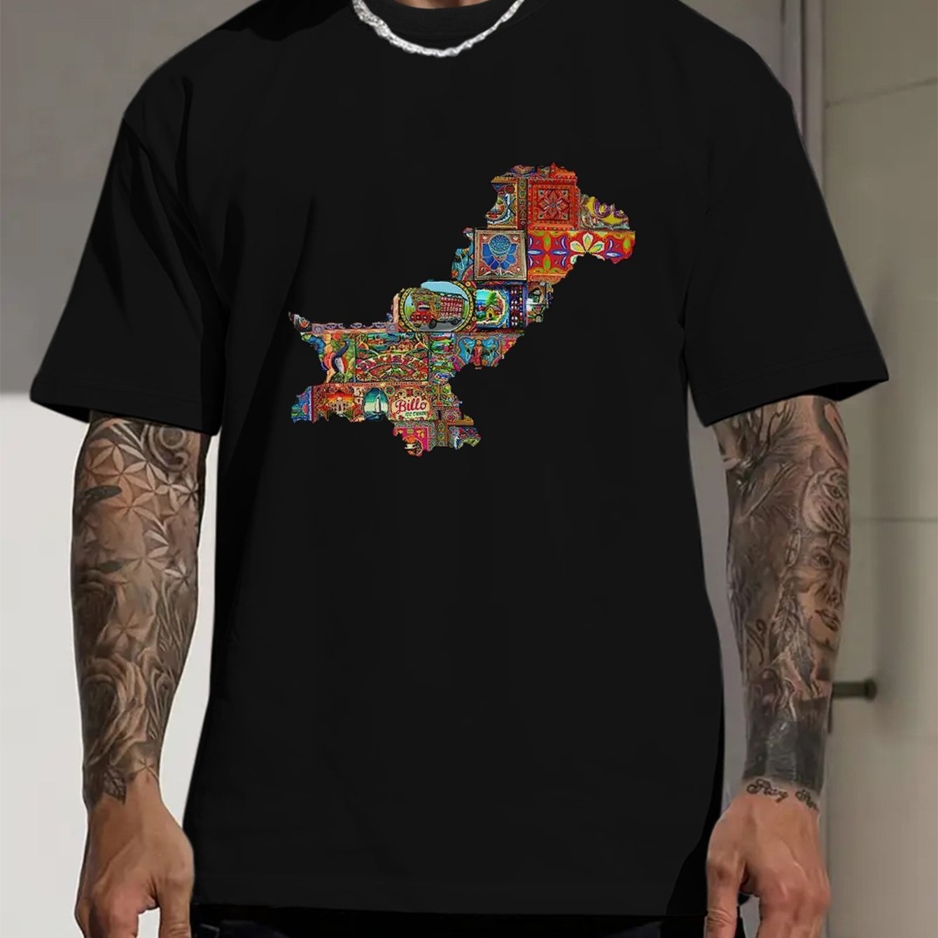 Men's Pakistan Map Print Short Sleeve T-Shirt - Vibrant Blue Casual Summer Tee with Cultural Artwork, Breathable Round Neck Top for Outdoor Activities & Daily Wear, Vibrant Graphic Shirt, Digital Print Shirt