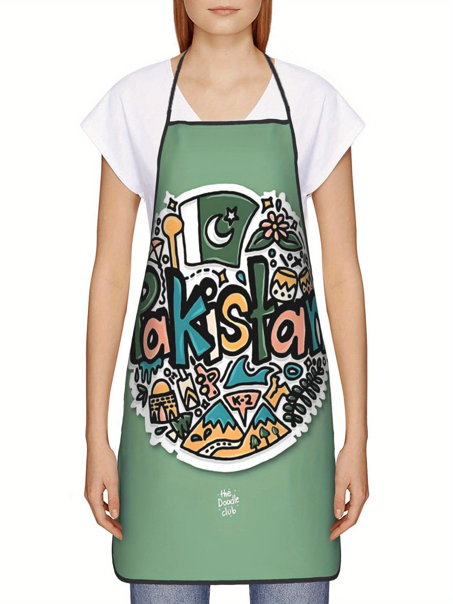 Pakistan-Themed Adjustable Cooking Apron - Retro Style Vibrant Green with Cultural Print (Crescent Moon, Stars, Mountains, Mushrooms) - Unisex Kitchen Apron for Home Cooks & Pakistani Cuisine Enthusiasts, Culinary Attire, Tra
