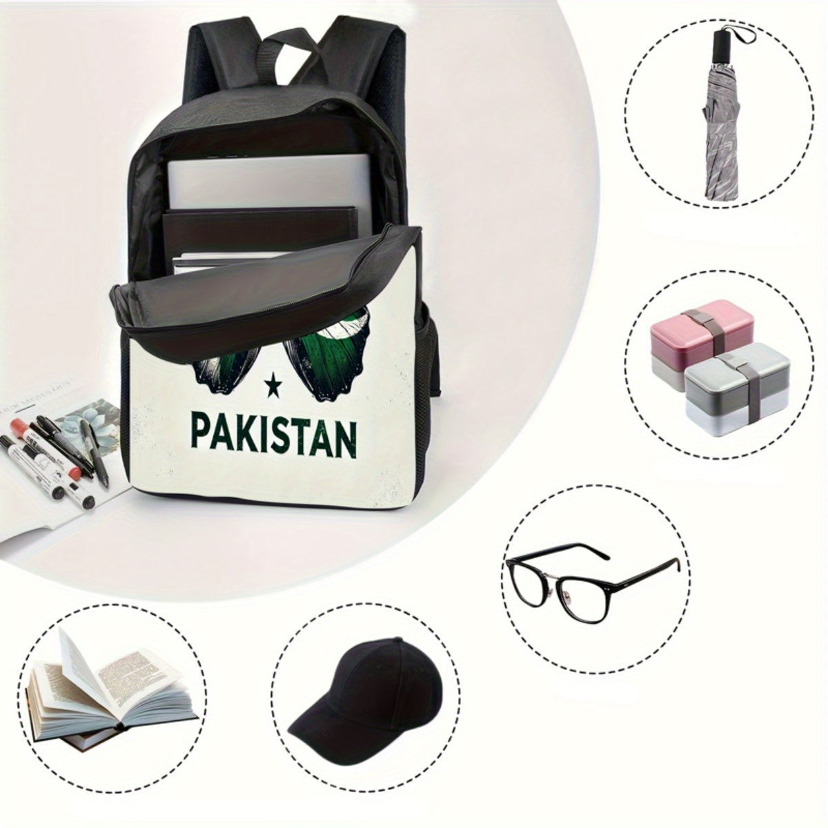 1pc Pakistani Wings Backpack - Lightweight Polyester, Adjustable Strap, Zipper Closure, Machine Washable - Stylish Green & White Butterfly Design with "PAKISTAN" Print, Ideal for School, Travel, or Everyday Use, Everyday Back
