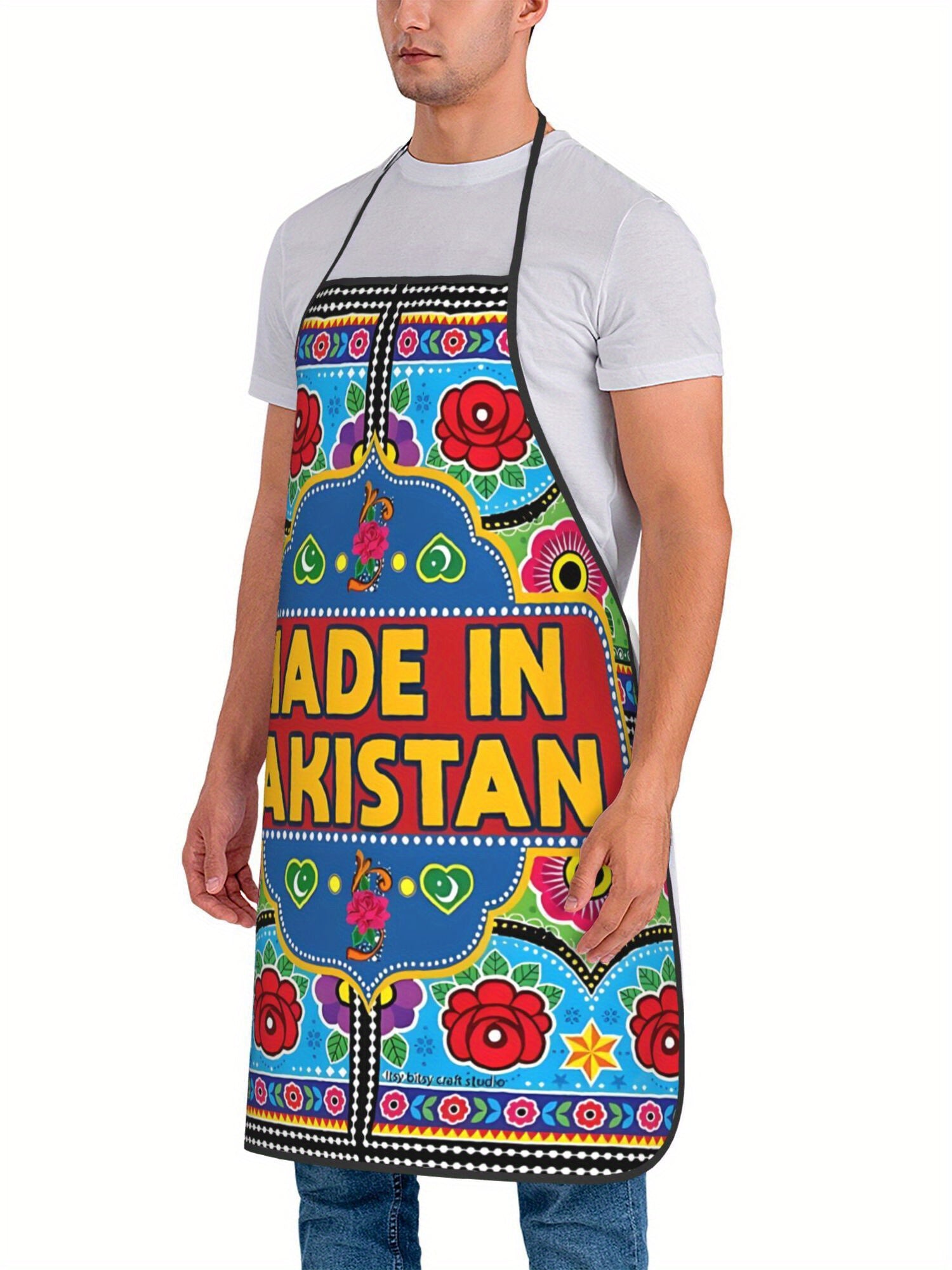 Vintage Truck Adjustable Cooking Apron - Unisex Kitchen Apron with Vibrant Floral Print, "Made in Pakistan" Text, Adjustable Neck Strap & Ties, Durable Fabric for Home Cooking & Cultural Enthusiasts, Culinary Attire, Cultural