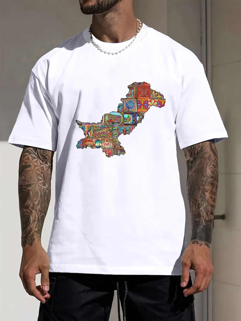 Men's Pakistan Map Print Short Sleeve T-Shirt - Vibrant Blue Casual Summer Tee with Cultural Artwork, Breathable Round Neck Top for Outdoor Activities & Daily Wear, Vibrant Graphic Shirt, Digital Print Shirt