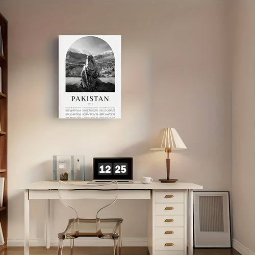 1pc Framed Pakistan Wall Art Print - Black & White Mountain Landscape with Traditional Woman, 29.97x39.88 cm Canvas Poster, Cultural Home Decor for Living Room, Office, or Classroom, Office Decoration, Minimalist Design, 2D F
