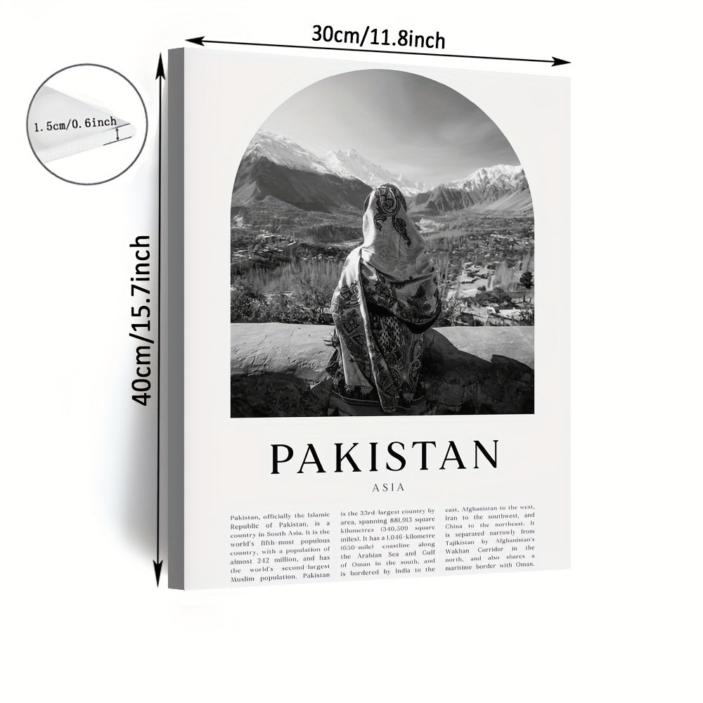 1pc Framed Pakistan Wall Art Print - Black & White Mountain Landscape with Traditional Woman, 29.97x39.88 cm Canvas Poster, Cultural Home Decor for Living Room, Office, or Classroom, Office Decoration, Minimalist Design, 2D F
