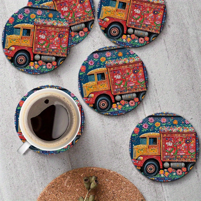 6pcs Round Wooden Coasters - Vibrant Pakistan Truck Art Floral Design, 4-Inch 2D Flat Coffee & Hot Drink Mats, Hand Washable, Durable Composite Wood for All Seasons, Perfect for Thanksgivin