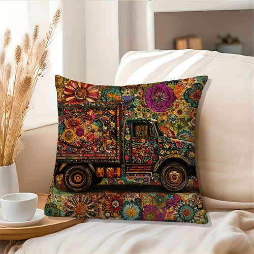 1pc Contemporary Pakistani Folk Art Truck Design Throw Pillow Cover, 45.72x45.72 cm, Machine Washable, Zipper Closure, Woven Polyester, Decorative Cushion Case for Sofa, Living Room, Bedroom, Office - No Insert