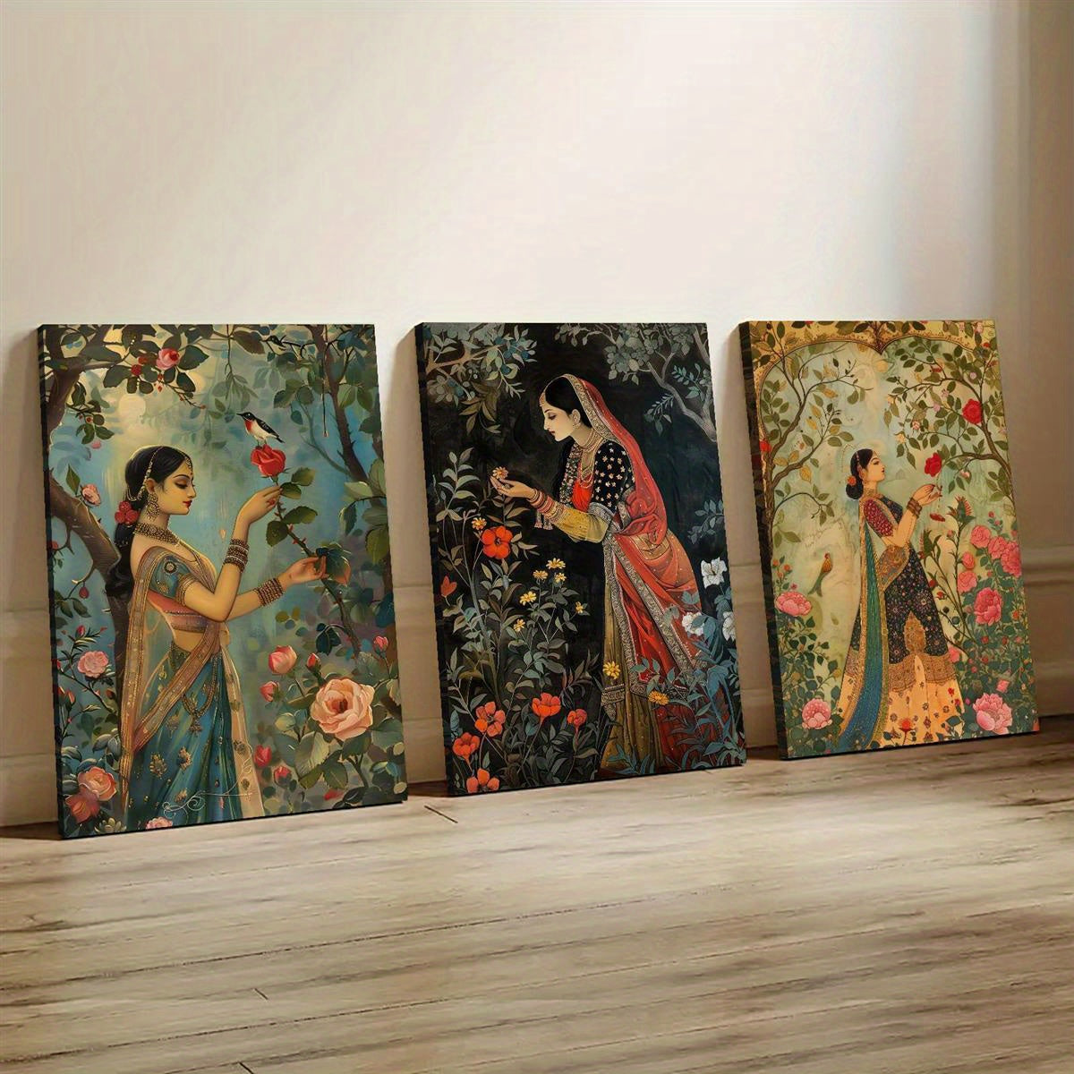 3pcs Mughal-Style Indian & Pakistani Traditional Art Prints - Regenerated Wood Framed Waterproof Canvas Wall Art, Vibrant Garden Scenes with Women, Cultural Home Decor for Bedroom, Living Room, Dorm - Unique Gift Idea, Indian
