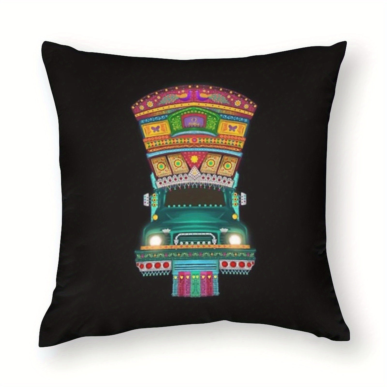 1pc Vibrant Pakistani Truck Art Sofa Pillowcase - Double-Sided Polyester, Colorful Traditional Design with Intricate Patterns, Perfect for Bedroom & Living Room Decor (Pillow Insert Not Included), Decorative Pillow Cover | Tr