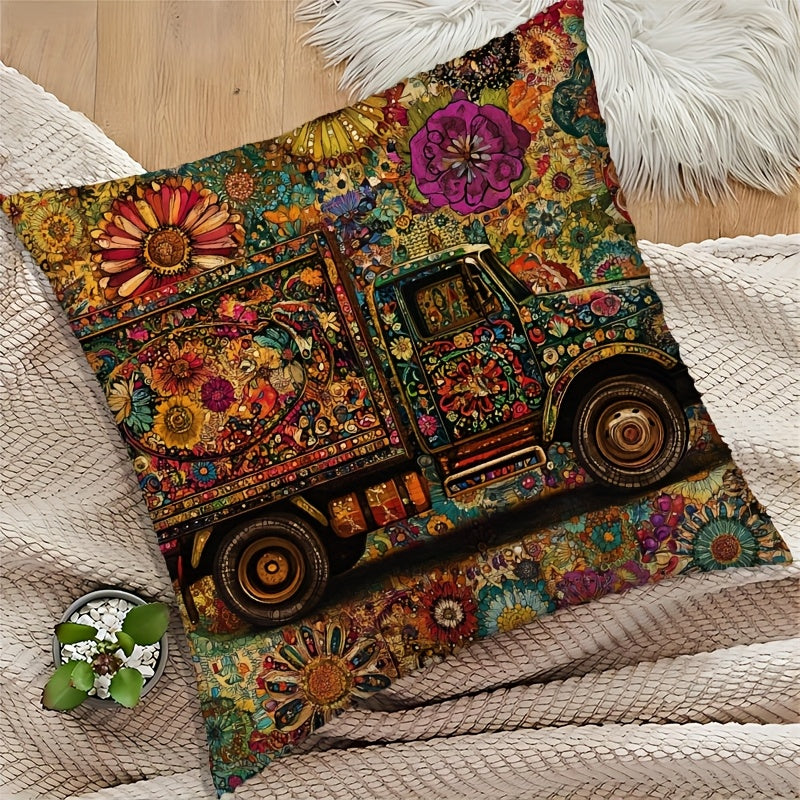 1pc Contemporary Pakistani Folk Art Truck Design Throw Pillow Cover, 45.72x45.72 cm, Machine Washable, Zipper Closure, Woven Polyester, Decorative Cushion Case for Sofa, Living Room, Bedroom, Office - No Insert