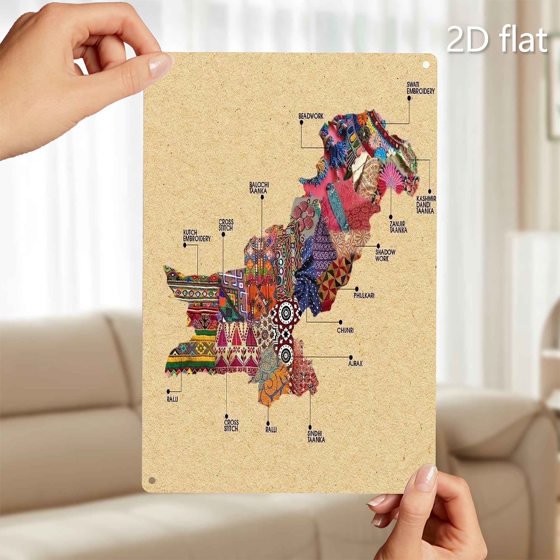2D Flat, 1pc Pakistan Cultural Heritage Metal Wall Art - Handcrafted Colorful Embroidery with Traditional Motifs, Weatherproof Indoor/Outdoor Decor, 19.99x29.97 cm, Pre-Drilled Holes for Easy Installation, Perfect for Living