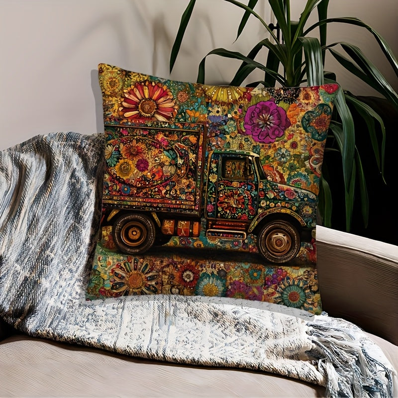 1pc Contemporary Pakistani Folk Art Truck Design Throw Pillow Cover, 45.72x45.72 cm, Machine Washable, Zipper Closure, Woven Polyester, Decorative Cushion Case for Sofa, Living Room, Bedroom, Office - No Insert