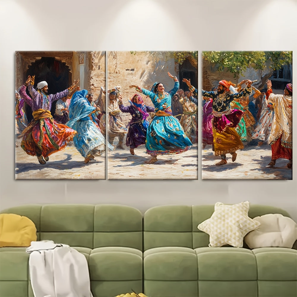 3pcs Framed Wall Art - Pakistani Attan Dance Scene, Traditional Pashtun Dress, Vibrant Tribal Heritage Print, Wooden Frame, 40.64x60.96cm, Ideal for Home & Office Decor, Office Wall Art | Cultural Wall Art | Wooden Frame Art,