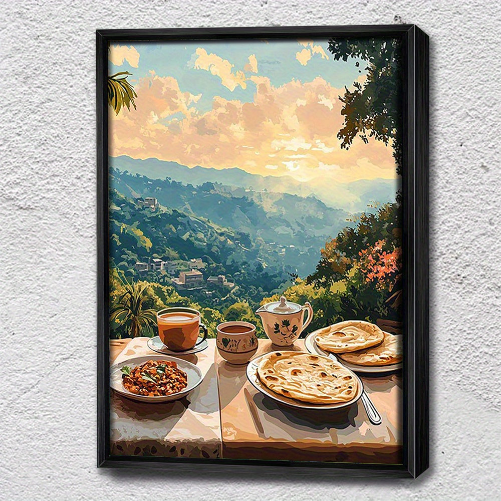 [Home Relaxation] Serene Pakistani Breakfast Scene Canvas Wall Art Print – Margalla Hill, Nihari, Parathas Chai, and Serene Landscape for Living Room, Bedroom, or Office Decor, 2D, Perfect for Room Decor