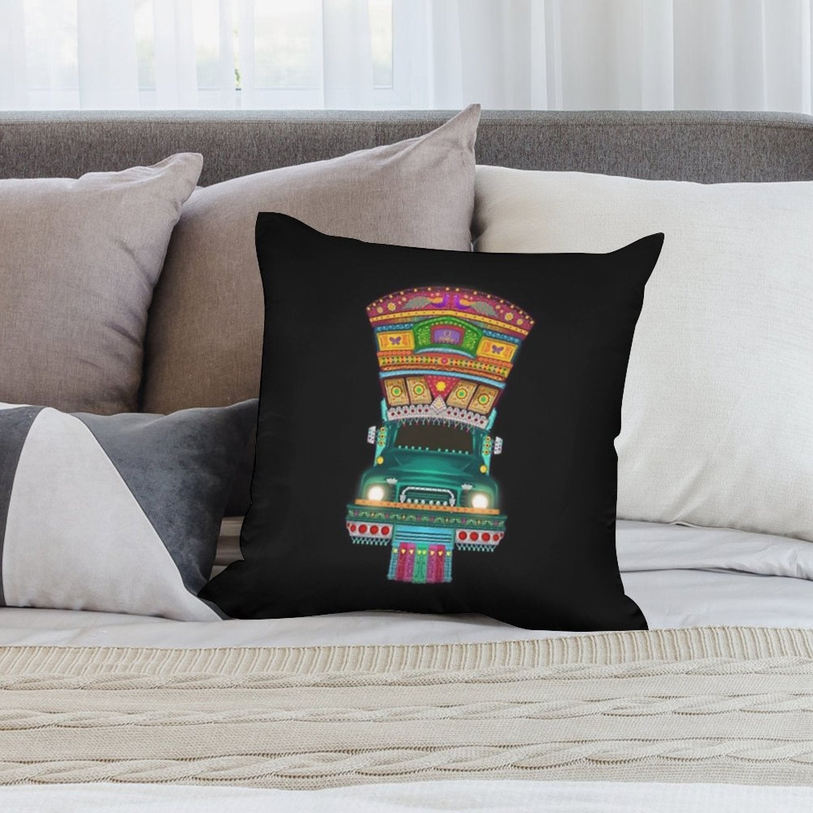1pc Vibrant Pakistani Truck Art Sofa Pillowcase - Double-Sided Polyester, Colorful Traditional Design with Intricate Patterns, Perfect for Bedroom & Living Room Decor (Pillow Insert Not Included), Decorative Pillow Cover | Tr