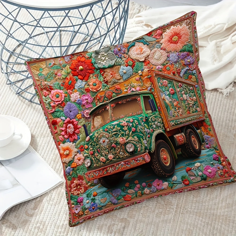 1pc Vibrant Pakistani Truck Art Floral Spring 3D Embroidery Pillow Cover, 45.72x45.72 cm - Double-Sided Print, Zipper Closure, Machine Washable Polyester, Ideal for Living Room Decor, Decorative Pillows