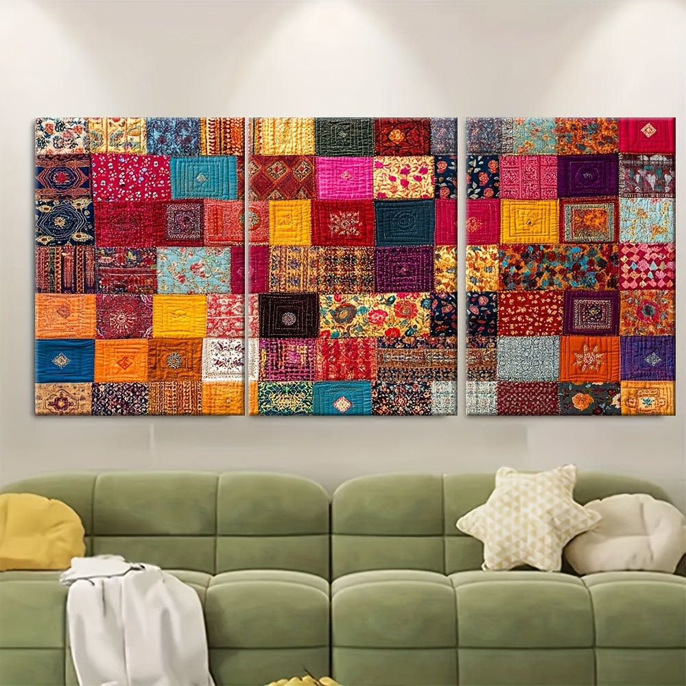 3pcs, Framed wall art - 40.64x60.96cm, Pakistani Rilli Quilt Art Print, Bold Patchwork Poster, Traditional Heritage Decor