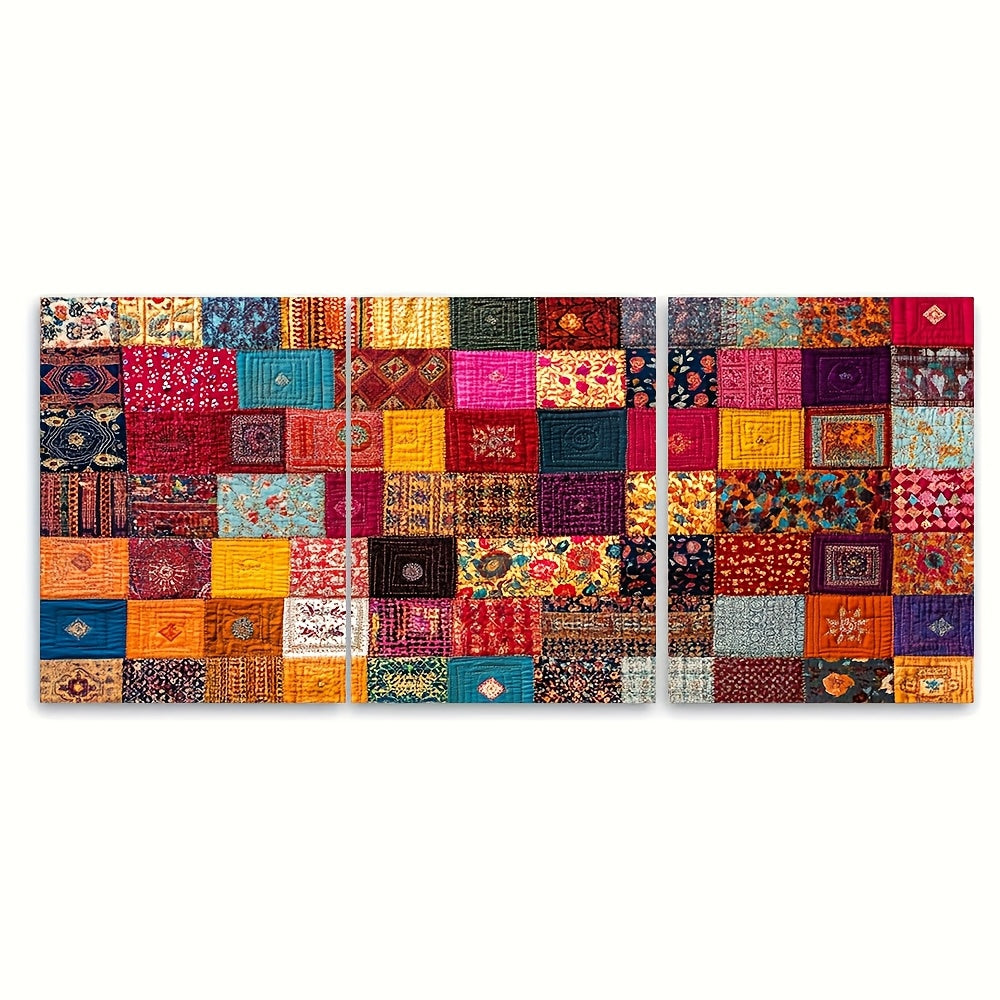 3pcs, Framed wall art - 40.64x60.96cm, Pakistani Rilli Quilt Art Print, Bold Patchwork Poster, Traditional Heritage Decor