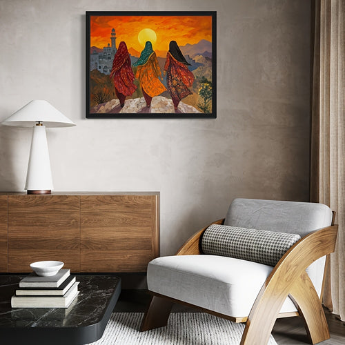 1pc Frameless Pakistan Poster Art Print - Middle Eastern Wall Art Painting with Vibrant Sunset Mountain Landscape, Traditional Women & Islamic Architecture, Cultural Home Decor for Bedroom, Living Room, Office, Islamic Home D