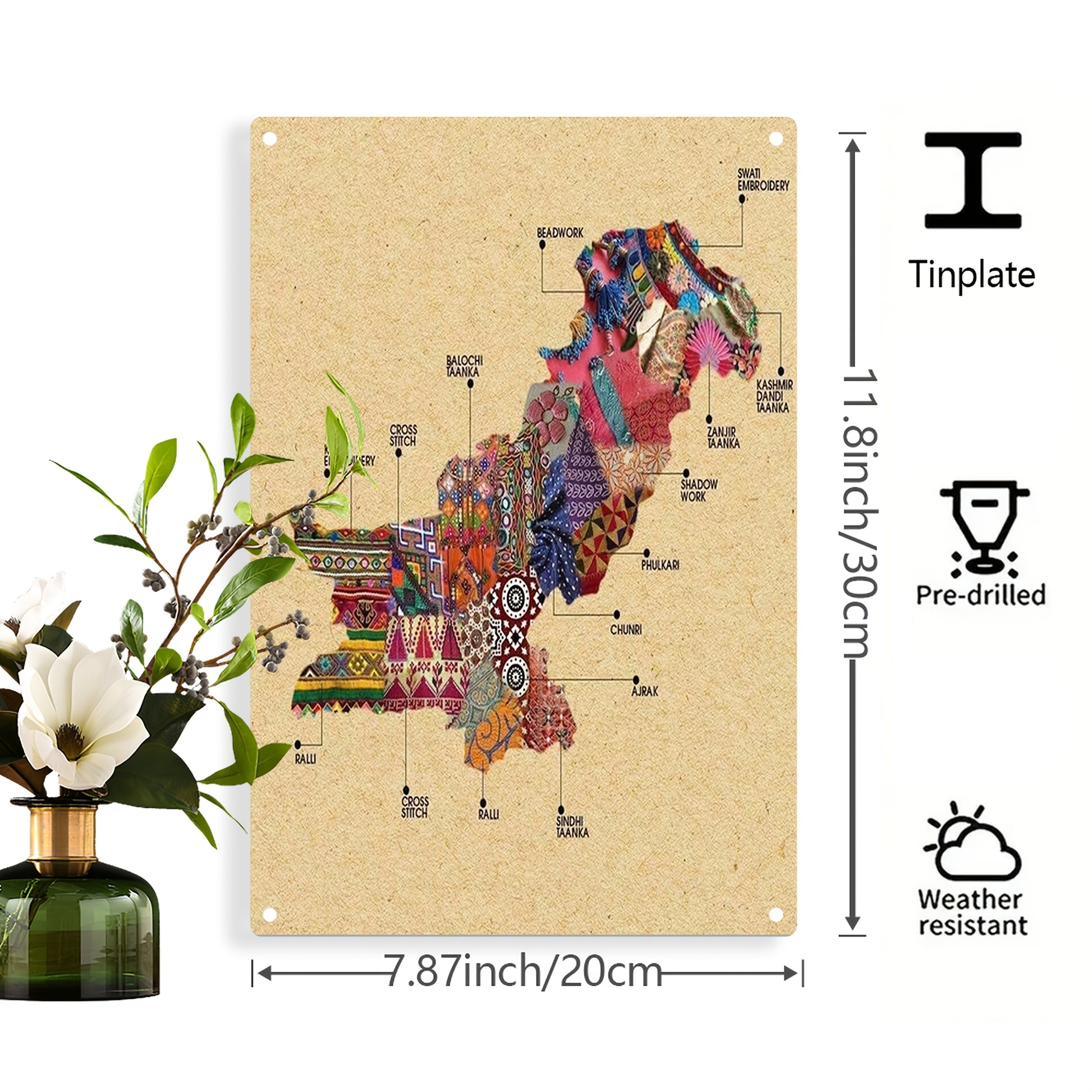 2D Flat, 1pc Pakistan Cultural Heritage Metal Wall Art - Handcrafted Colorful Embroidery with Traditional Motifs, Weatherproof Indoor/Outdoor Decor, 19.99x29.97 cm, Pre-Drilled Holes for Easy Installation, Perfect for Living