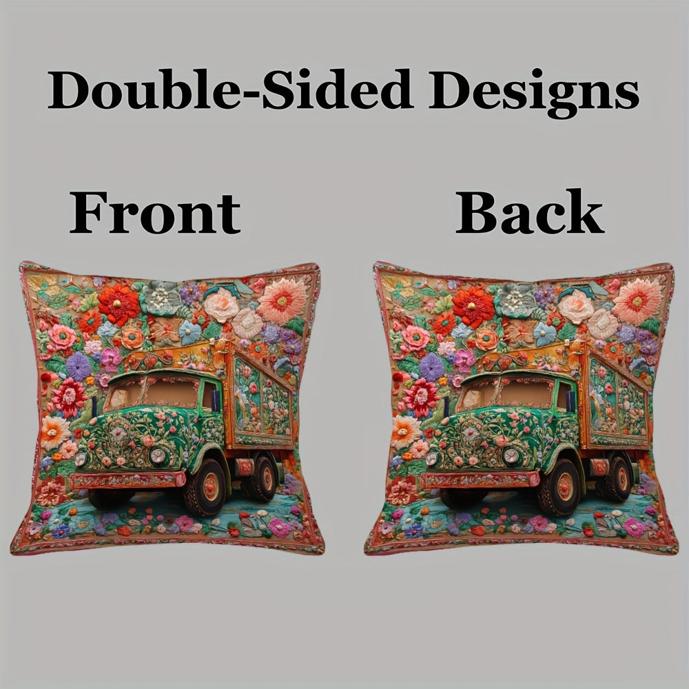 1pc Vibrant Pakistani Truck Art Floral Spring 3D Embroidery Pillow Cover, 45.72x45.72 cm - Double-Sided Print, Zipper Closure, Machine Washable Polyester, Ideal for Living Room Decor, Decorative Pillows