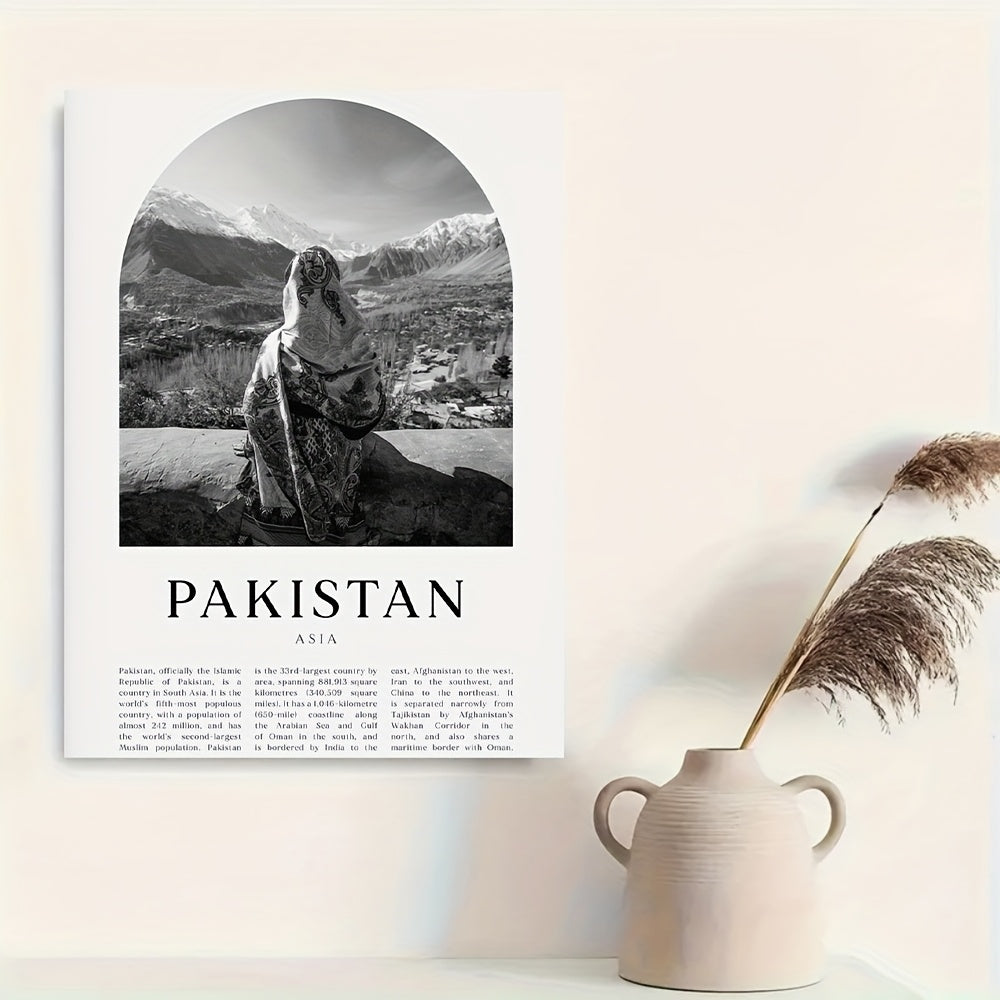 1pc Framed Pakistan Wall Art Print - Black & White Mountain Landscape with Traditional Woman, 29.97x39.88 cm Canvas Poster, Cultural Home Decor for Living Room, Office, or Classroom, Office Decoration, Minimalist Design, 2D F