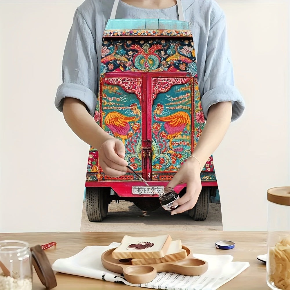 1pc stylish durable print apron, Pakistani Truck Art Inspired Design apron, gardening cooking chef apron, 54.99x68.0cm, for BBQ Kitchen Cooking Baking Crafting Restaurant YAWQ2583