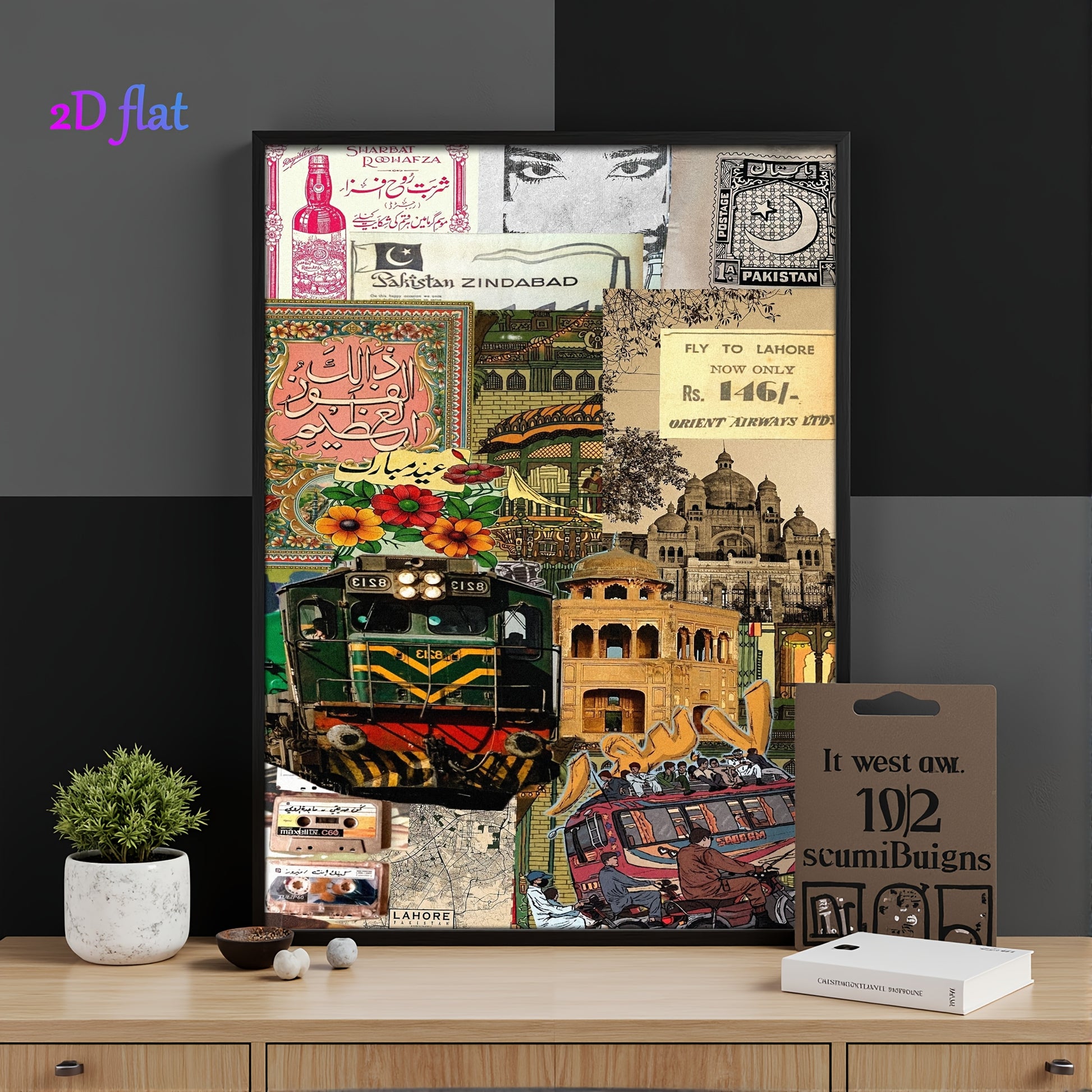 1pc, Wooden Wall Art, Pakistan Style Collage, Wooden Frame, Solid Wood Border, Wall Decoration, Printed Oil Painting, Mural, Hanging Artwork, Suitable for Living Room, Bedroom, Study, Dining Room, Cafe, Bar, Garage, Indoor De