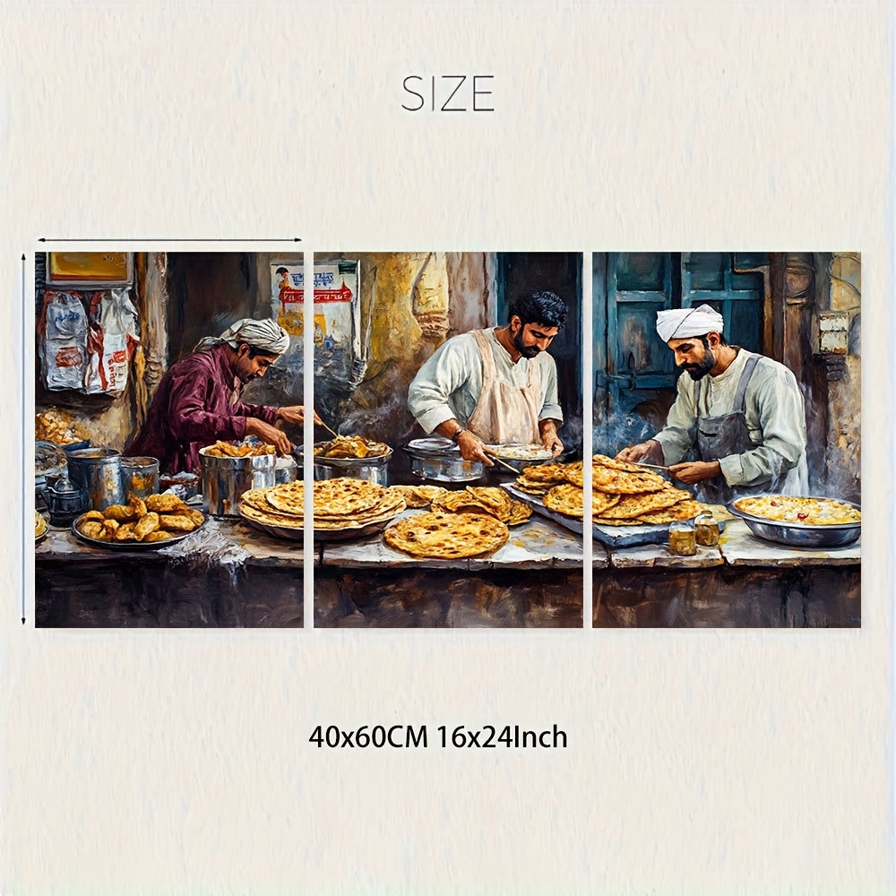 3pcs Framed Canvas Wall Art - Pakistani Breakfast in Karachi, Parathas & Quaide Azam View, Cultural Print, 40.64x60.96cm, Wooden Frame, 2D Flat Design, Perfect for Home or Office Decor, Office Wall Decor | Cultural Artwork |